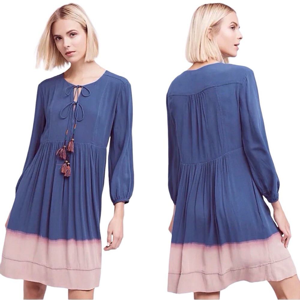 HOLDING HORSES Anthropologie Size 8 Blue Ombre Dip Dye Peasant Dress Tassels